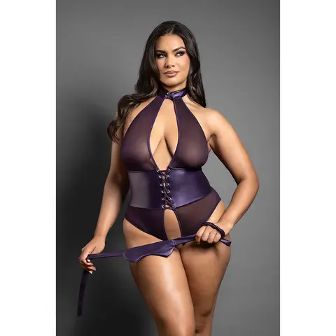 Fantasy Lingerie Domina Open Halter Teddy with Lace-Up Detail & Blindfold Deep Purple S/M