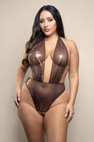 Fantasy Lingerie Opulence Crotchless Pearl Plunge Halter Teddy with Adjustable Pearl G-String Chocolate S/M