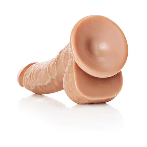 RealRock Realistic 8 in. Curved Dildo With Balls and Suction Cup in Tan