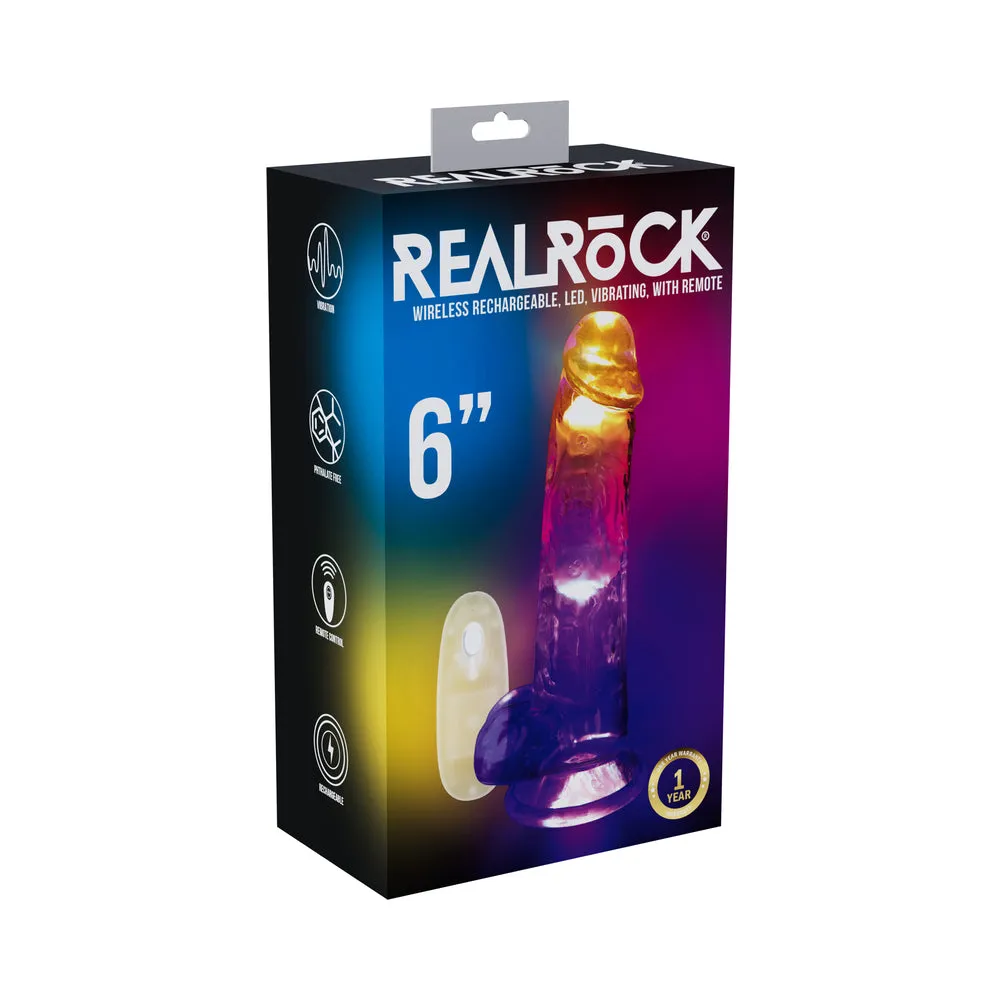 RealRock Wireless Rechargeable Remote Control LED Vibrating 6 in. Dildo with Balls Clear