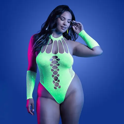 Fantasy Lingerie Glow Pressure Point UV Reactive Rhinestone Teddy & Gloves Queen Size