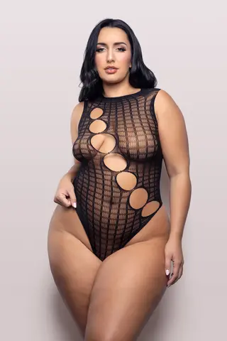 Fantasy Lingerie Vixen Latest Obsession Teddy with Diagonal Rhinestone Accent Cut-Outs Black Queen Size in Black