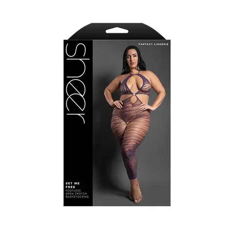 Fantasy Lingerie Sheer Set Me Free Footless Open-Crotch Halter Bodystocking Dark Purple O/S