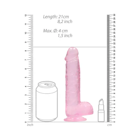 RealRock Crystal Clear Realistic 8 in. Dildo With Balls and Suction Cup in Pink