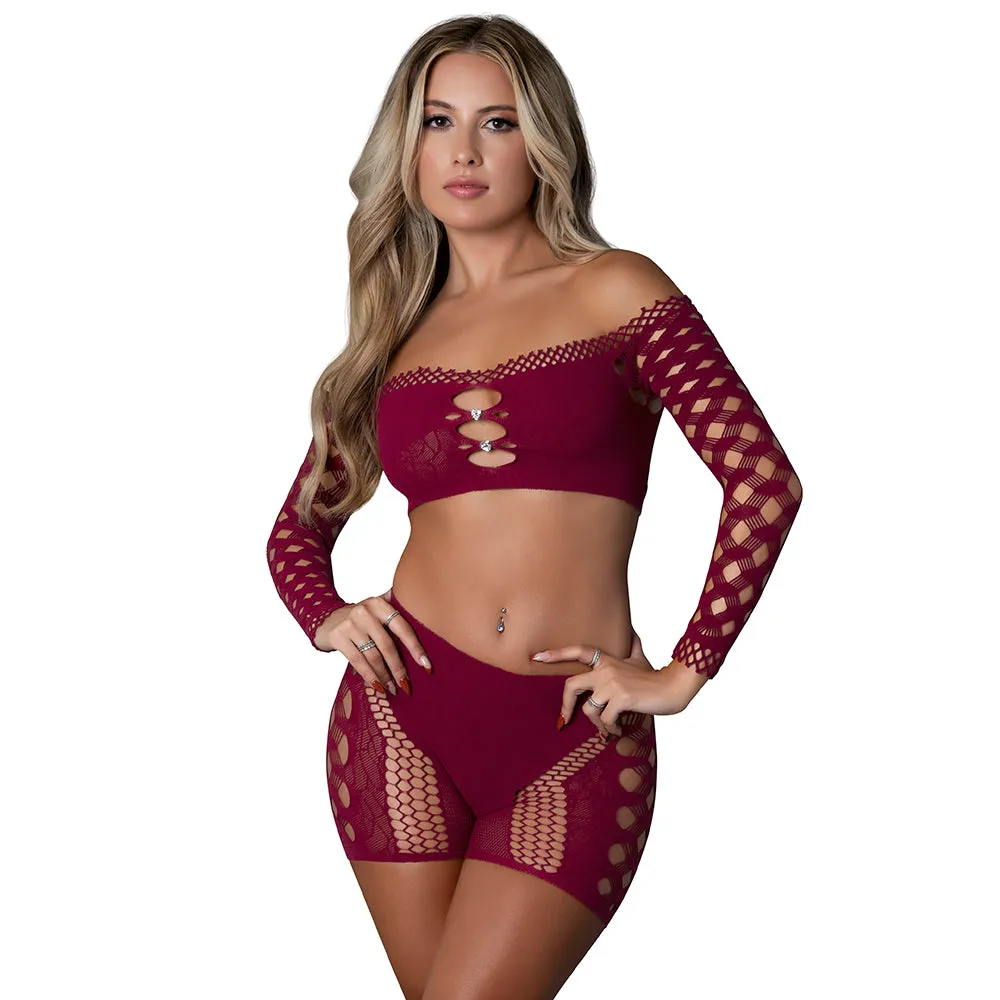 Magic Silk Seamless Crop Top & Short Set Burgundy O/S