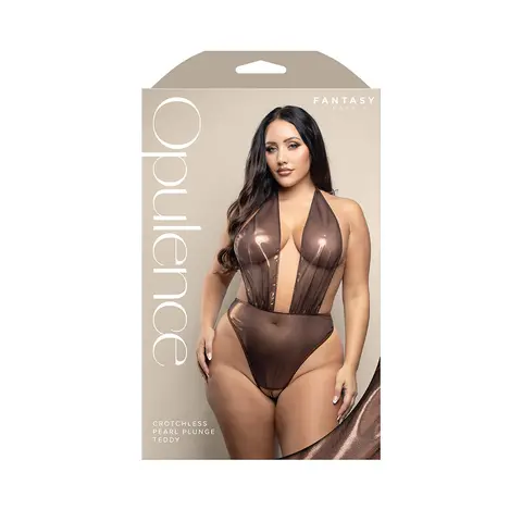 Fantasy Lingerie Opulence Crotchless Pearl Plunge Halter Teddy with Adjustable Pearl G-String Chocolate S/M