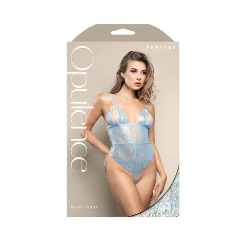 Fantasy Lingerie Opulence Split Pearl Cup Open-Back Teddy with Pearl String Crotch Light Blue S/M in Blue