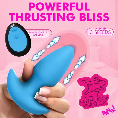 BANG! Thrusting & Vibrating Silicone Butt Plug in Blue