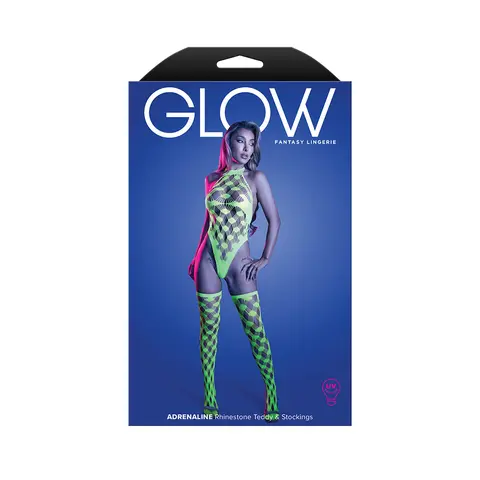 Fantasy Lingerie Glow Adrenaline Halter Teddy & Stockings in Rhinestone Fishnet O/S in Glow in the Dark