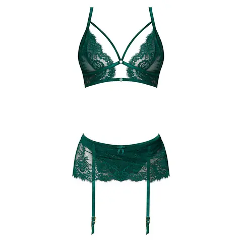 Magic Silk Evermore Bralette, Garter Skirt & Thong Set Emerald S/M