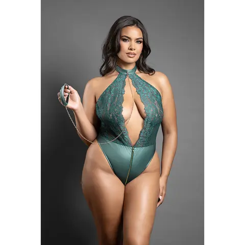 Fantasy Lingerie Domina Keyhole Halter Teddy with Detachable Chain-Link Leash Pine Green S/M