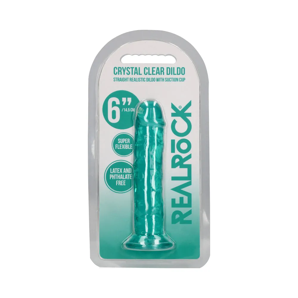 RealRock Crystal Clear Straight 6 in. Dildo Without Balls Turquoise
