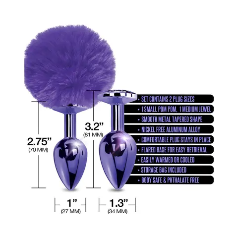 NIXIE Metal Butt Plug Set Pom Pom and Jewel-Inlaid Metallic in Purple
