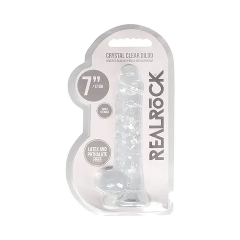 RealRock Crystal Clear Realistic 7 in. Dildo With Balls and Suction Cup in Clear