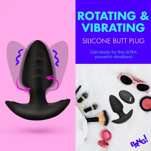 BANG! Rotating & Vibrating Silicone Butt Plug with Remote in Black