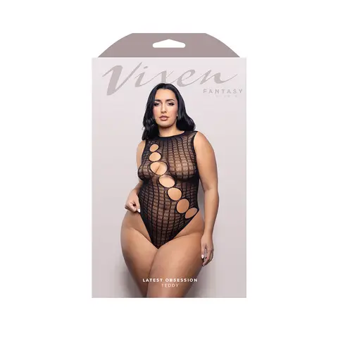 Fantasy Lingerie Vixen Latest Obsession Teddy with Diagonal Rhinestone Accent Cut-Outs Black Queen Size in Black