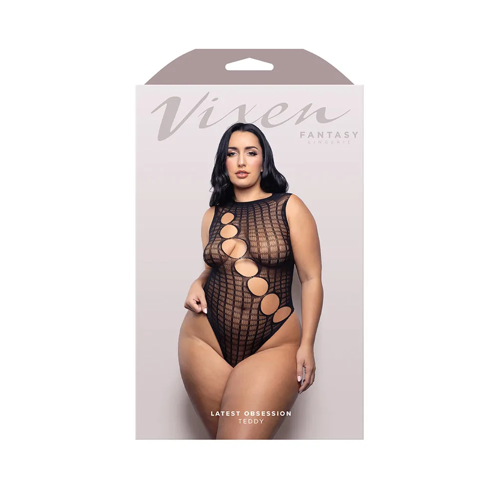 Fantasy Lingerie Vixen Latest Obsession Teddy with Diagonal Rhinestone Accent Cut-Outs Black Queen Size in Black