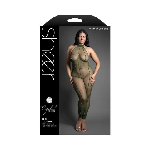 Fantasy Lingerie Sheer Crystal Club Keep Looking Footless Open Crotch Halter Bodystocking O/S