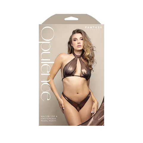 Fantasy Lingerie Opulence Pearl Underbust Halter Top & Adjustable Pearl String Open Panty Chocolate S/M