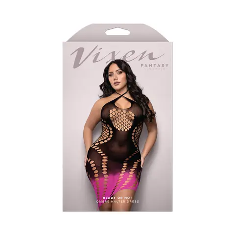 Fantasy Lingerie Vixen Ready Or Not Ombré Knit Asymmetrical Keyhole Halter Dress Black/Pink O/S in Black