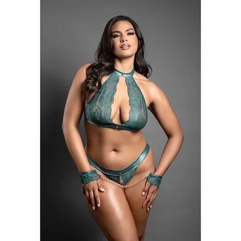 Fantasy Lingerie Domina Keyhole Halter Bralette & Open Panty with Detachable Chain-Link Cuffs Pine Green S/M