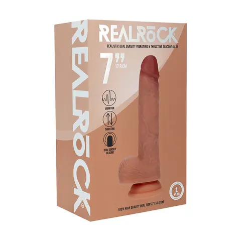 Realrock Dual Density Silicone Vibrating Thrusting Dildo with Balls 7 in. in Tan