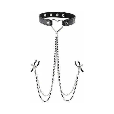 Sportsheets Sex & Mischief Amor Adjustable Collar with Nipple Clamps Black