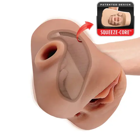 PDX Plus Double Pounder Vibrating Squeeze Stroker in Brown