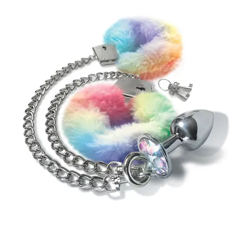 NIXIE Metal Butt Plug & Furry Handcuff Set Medium Unicorn