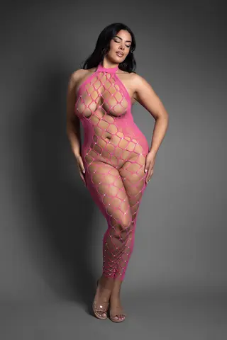 Fantasy Lingerie Sheer Crystal Club Tempt Me Footless Open Crotch Halter Bodystocking O/S