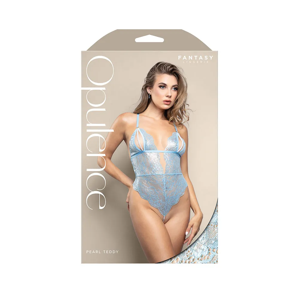Fantasy Lingerie Opulence Split Pearl Cup Open-Back Teddy with Pearl String Crotch Light Blue S/M in Blue