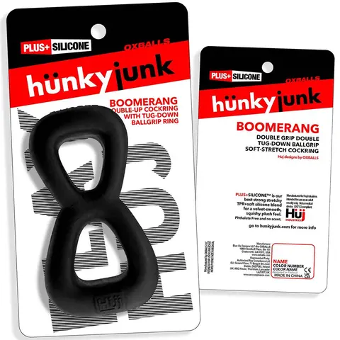 Hunkyjunk Boomerang Double-Ring Cockring & Nut-Tugger Black Fog
