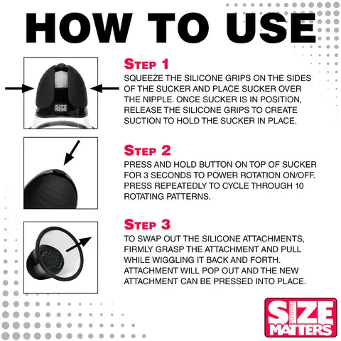 Size Matters 10X Rotating Silicone Nipple Suckers with 4 Attachments in Black