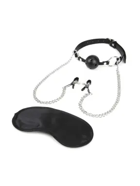 breathable ball gag with chained adjustable nipple clamps