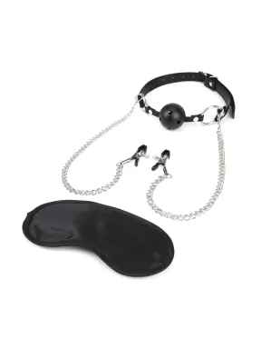 breathable ball gag with chained adjustable nipple clamps