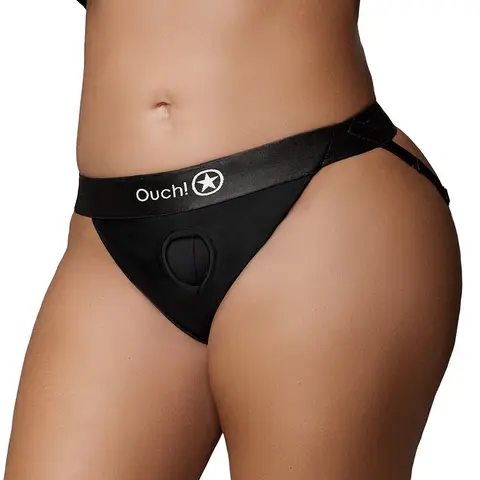 Ouch! Vibrating Strap-on Panty Harness with Open Back Black XL/2XL
