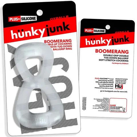 Hunkyjunk Boomerang Double-Ring Cockring & Nut-Tugger Clear Steam