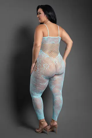 Fantasy Lingerie Sheer Dream of Me Footless Open-Crotch Bodystocking Light Blue Queen Size in Blue