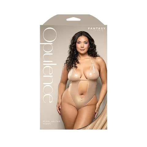 Fantasy Lingerie Opulence Foil Mesh Cut-Out Halter Teddy with Stimulating Pearl & Pearl String L/XL