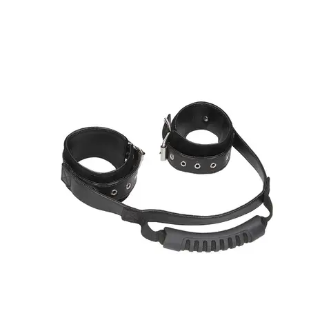 Ouch! Black & White Adjustable Bonded Leather Wrist Cuffs With Handle Black