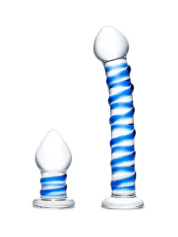 2-piece double penetration glass swirly dildo & butt plug set