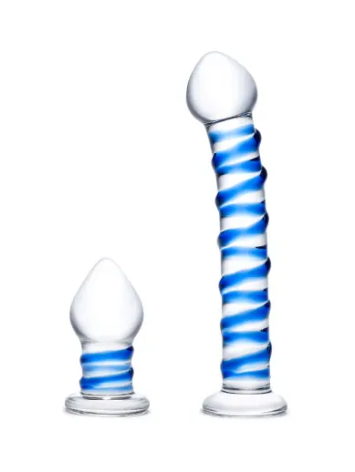 2-piece double penetration glass swirly dildo & butt plug set