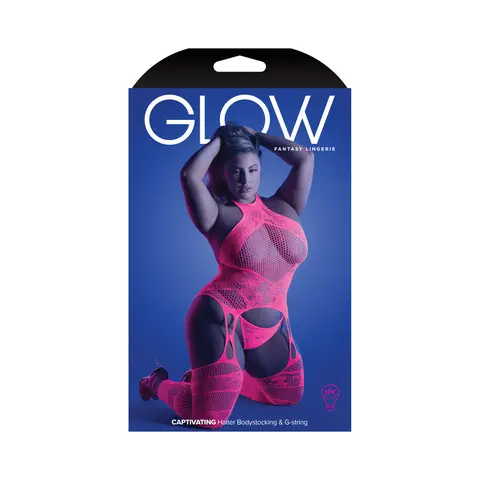 Fantasy Lingerie Glow Captivating High Neck Halter Bodystocking & G-String Set Neon Pink O/S in Glow in the Dark