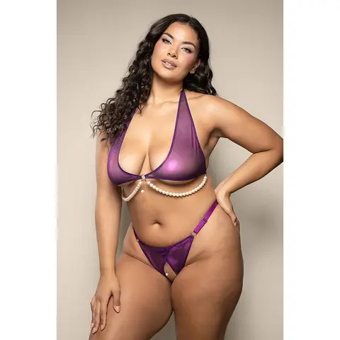 Fantasy Lingerie Opulence Foiled Mesh Halter Bralette with Pearl Underbust & Crotchless Panty M/L