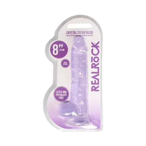 RealRock Crystal Clear Realistic 8 in. Dildo With Balls and Suction Cup in Purple