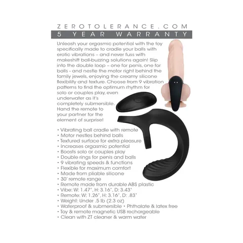 Zero Tolerance Vibrating Ball Cradle Rechargeable Remote-Controlled Silicone Cockring Black