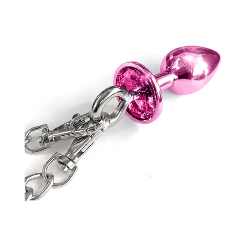 Nixie Metal Butt Plug & Furry Handcuff Set Medium Pink Metallic