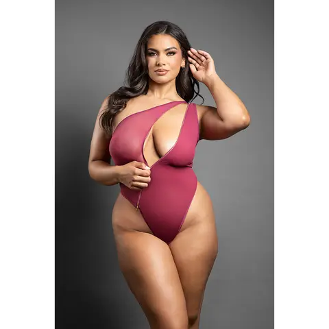 Fantasy Lingerie Domina Crotchless One-Shoulder Teddy with Asymmetrical Front Zipper Berry S/M
