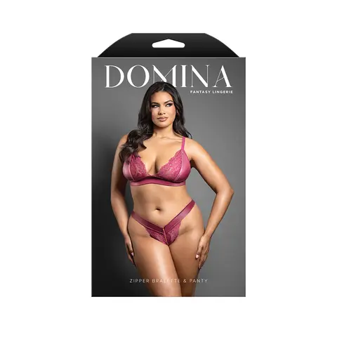 Fantasy Lingerie Domina Bralette & Panty with Zipper Details Berry Queen Size