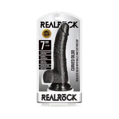 RealRock Realistic 7 in. Curved Dildo With Balls and Suction Cup in Black